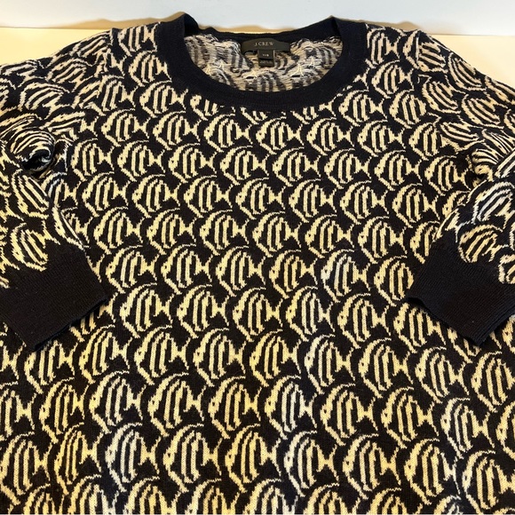 J Crew Womens Vintage Black White Fish Pattern 100% Merino Wool Sweater XXS - Picture 9 of 14